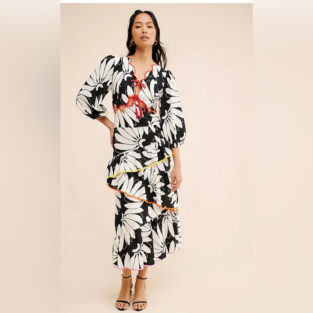 FARM Rio Black and White Floral Dress with Red Accents